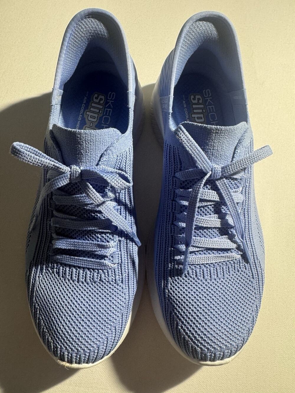 SKECHERS Slip-ins Women's Blue Stretch Knit Memory Foam Lace Up Sneaker 7.5